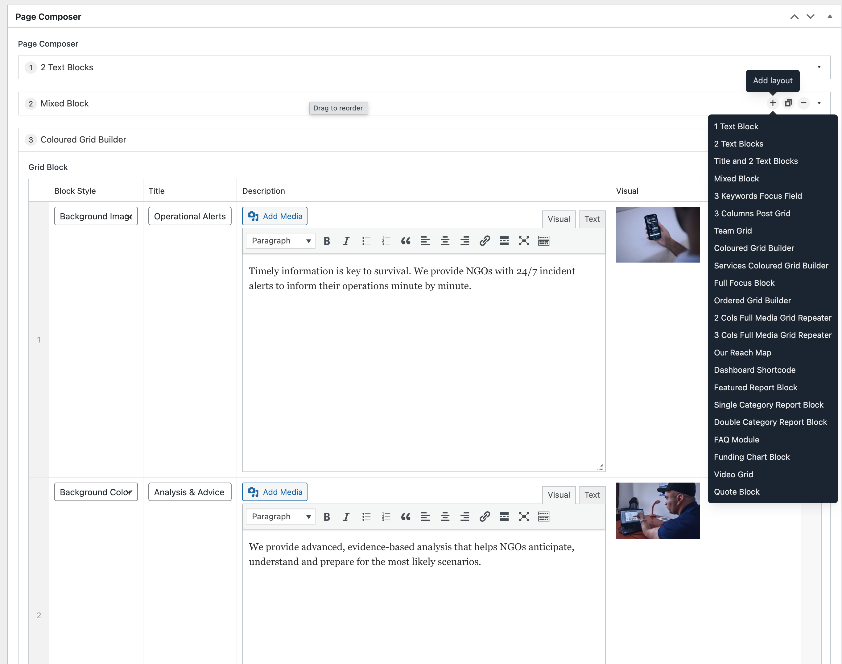 Flexible page builder using ACF, allowing non-technical users to compose pages using predefined components.
