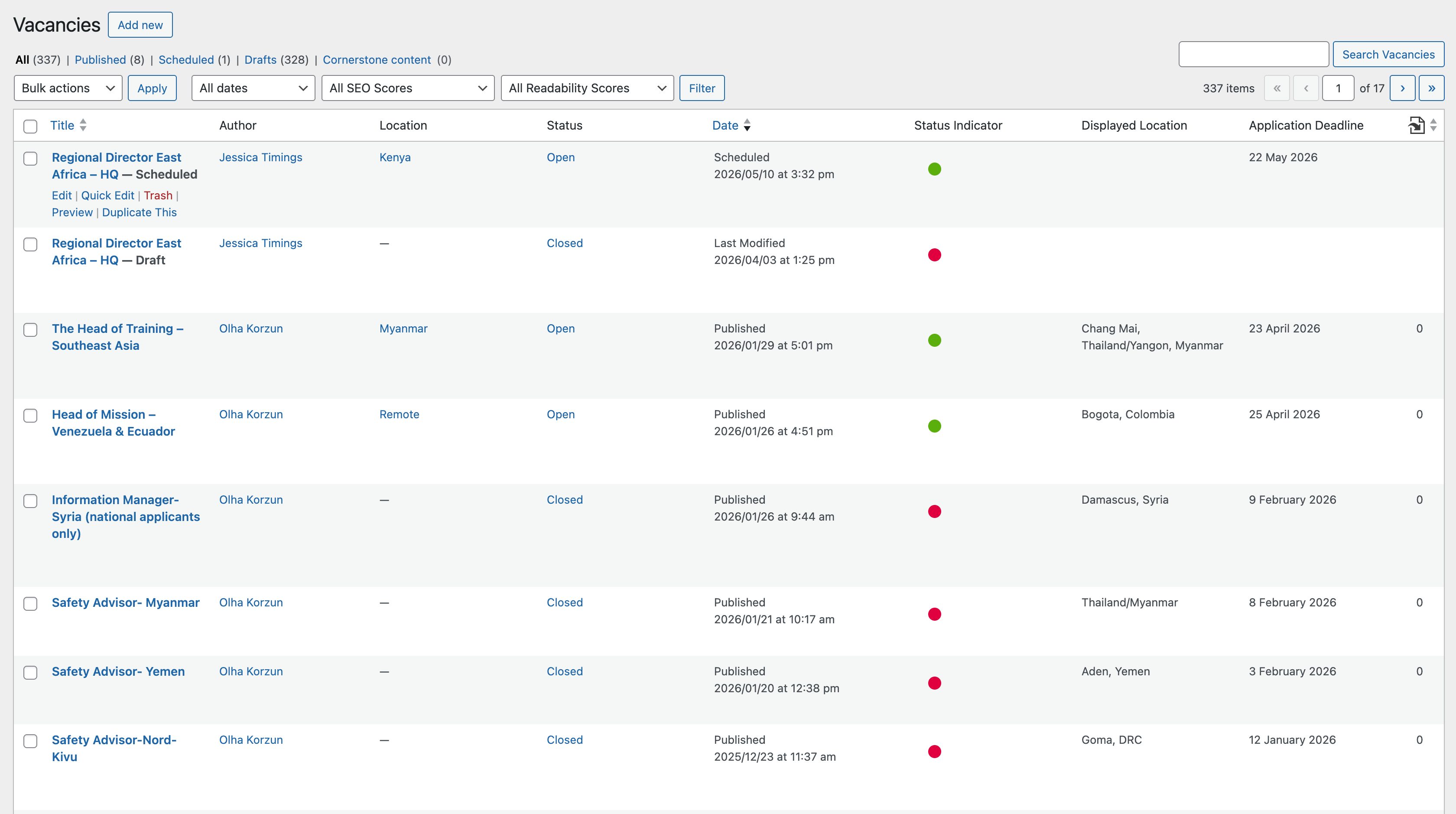 Custom vacancies management system with status indicators and expiration logic, enabling HR to manage job listings directly.
