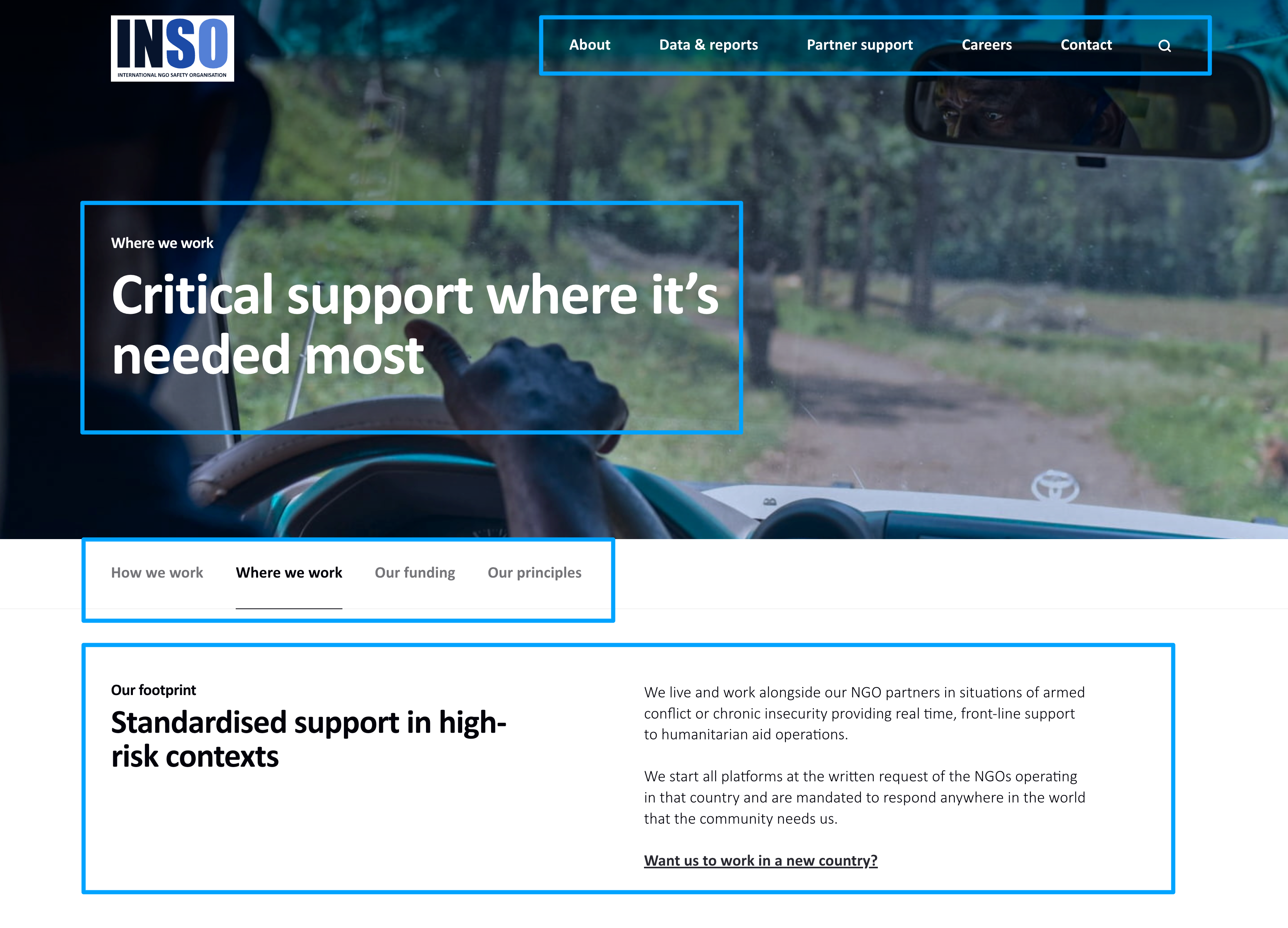 Example of editable components (Navigation, Hero section text, relative content navigation, 2 columns title/text