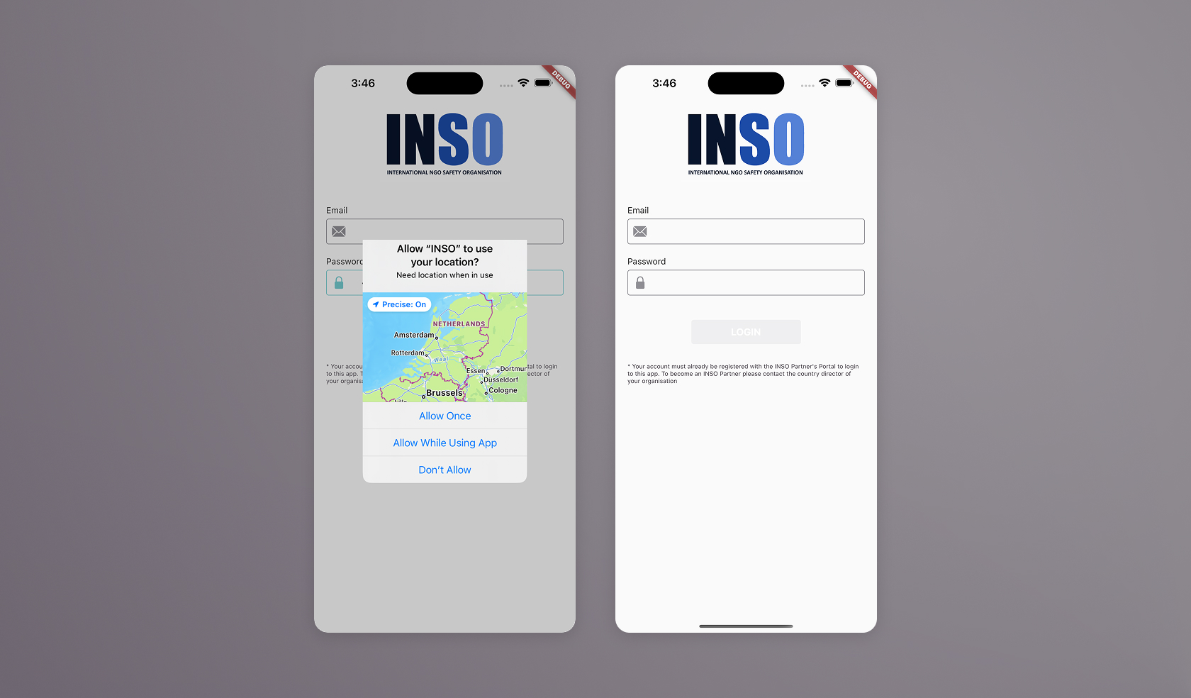 Login visuals of INSO Alerts App (former design)